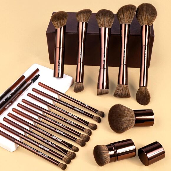 Maange 20Pcs Dark Brown Double-End Multi-functional Makeup Brushes With Gift Box - Picture 2 of 4